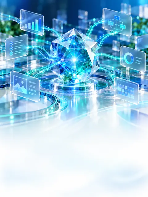 Ilustración: un núcleo de cristal brillante conectado a paneles de apps flotantes
