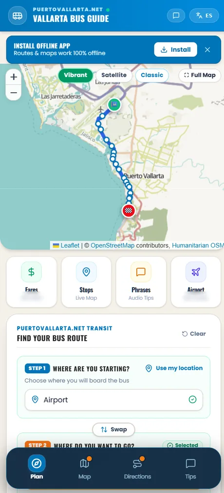 Skærmbillede på mobil af Puerto Vallarta Bus Guide: kort med en busrute, knapper til priser, stoppesteder, fraser og lufthavn, og ruteplanlæggeren