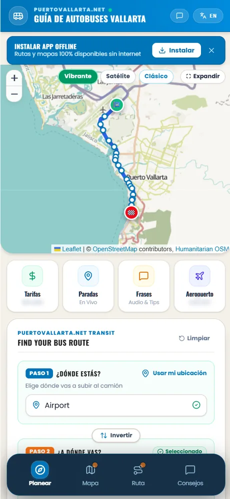 Captura en celular de la Guía de Autobuses de Puerto Vallarta: mapa con una ruta de camión, botones de tarifas, paradas, frases y aeropuerto, y el planificador de rutas