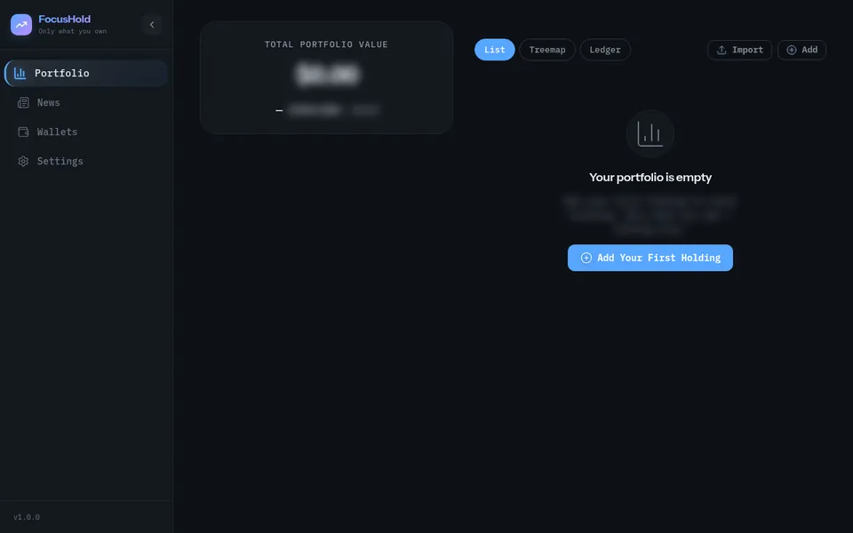Captura de la versión de prueba de FocusHold: un panel oscuro de portafolio, con las cifras difuminadas
