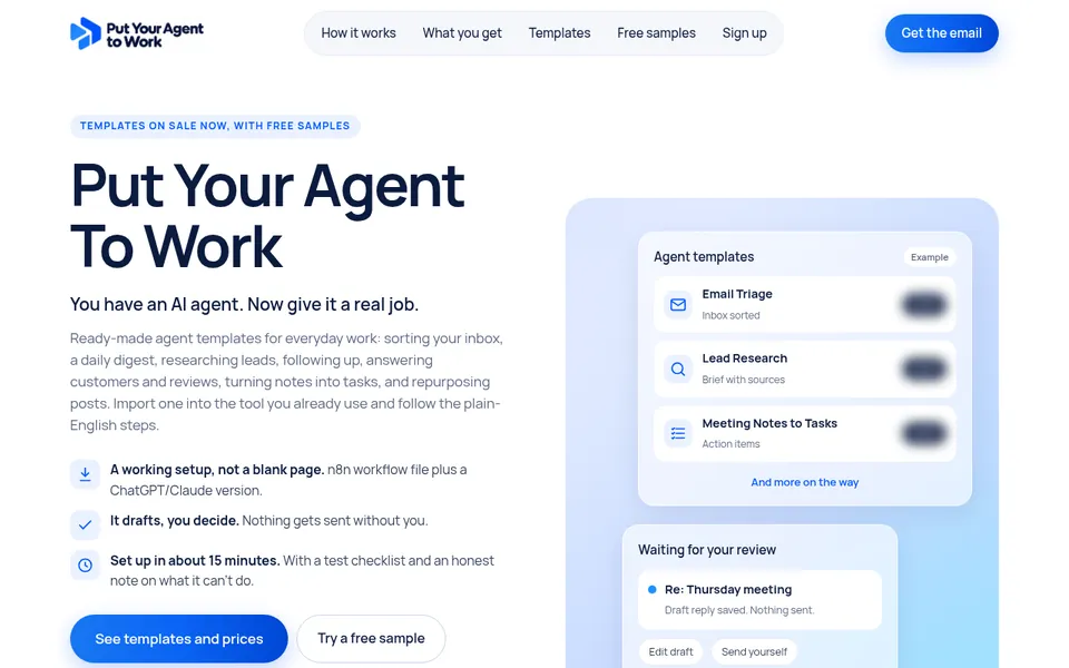 Captura de la página de inicio de putyouragenttowork.com, con los precios difuminados